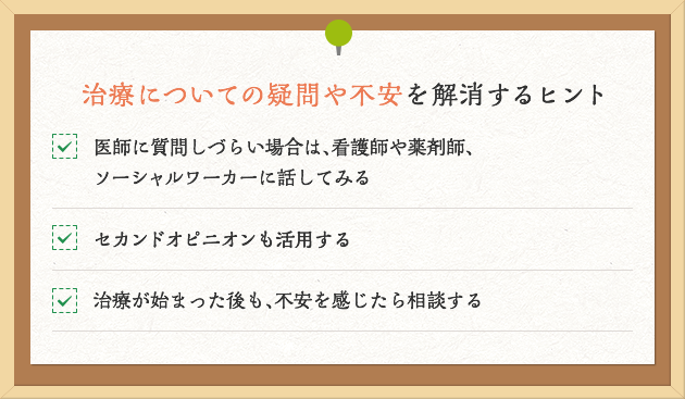 治療についての疑問や不安を解消するヒント 医師に質問しづらい場合は、看護師や薬剤師、ソーシャルワーカーに話してみる セカンドオピニオンも活用する 治療が始まった後も、不安を感じたら相談する