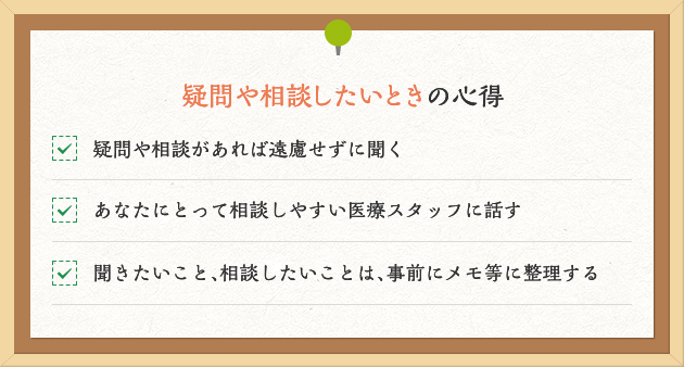 疑問や相談したいときの心得 疑問や相談があれば遠慮せずに聞く あなたにとって相談しやすい医療スタッフに話す 聞きたいこと、相談したいことは、事前にメモ等に整理する